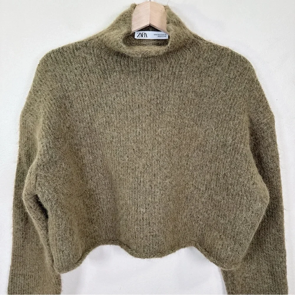 Zara Womens Size Medium Dark Olive Cropped Tunnel Knit Sweater - Picture 6 of 14